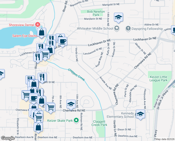 map of restaurants, bars, coffee shops, grocery stores, and more near 5356 Verda Lane Northeast in Keizer