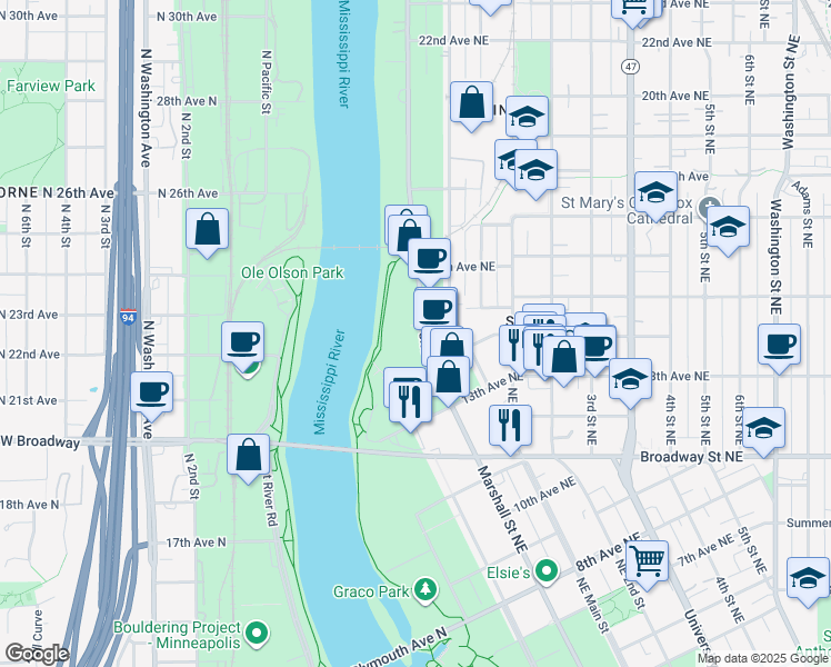 map of restaurants, bars, coffee shops, grocery stores, and more near 1400 Marshall Street Northeast in Minneapolis