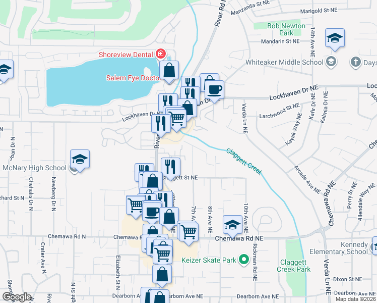 map of restaurants, bars, coffee shops, grocery stores, and more near 5283 7th Avenue Northeast in Keizer
