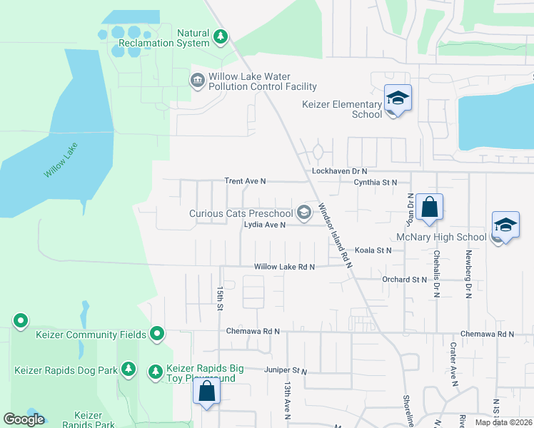 map of restaurants, bars, coffee shops, grocery stores, and more near 1432 Lydia Avenue North in Salem