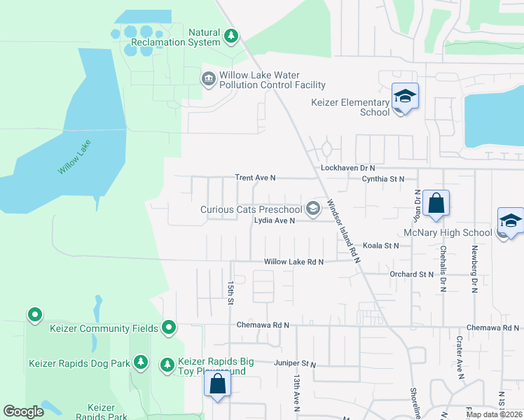 map of restaurants, bars, coffee shops, grocery stores, and more near 1432 Lydia Avenue North in Salem