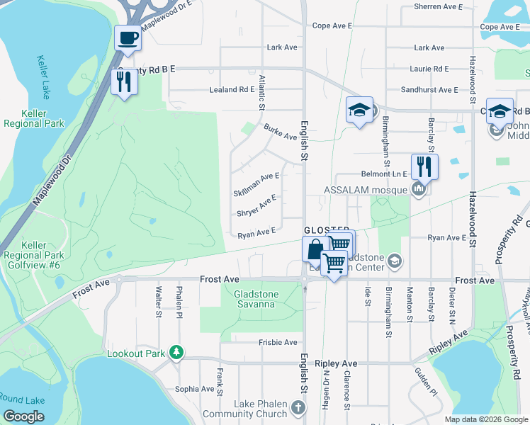 map of restaurants, bars, coffee shops, grocery stores, and more near 1249 Ryan Avenue East in Maplewood