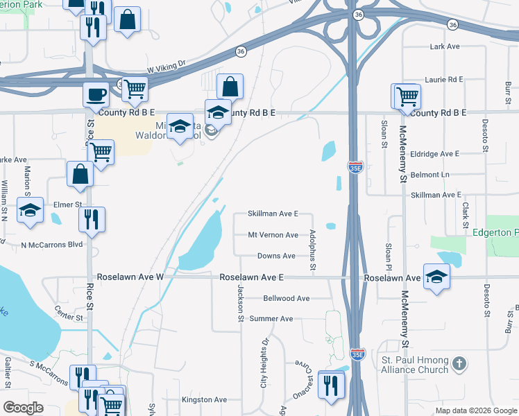 map of restaurants, bars, coffee shops, grocery stores, and more near 114 Skillman Avenue East in Maplewood