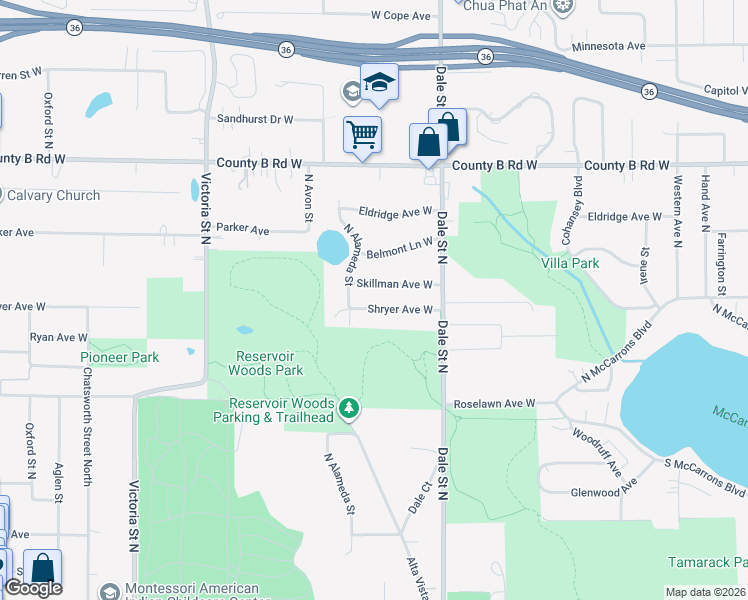 map of restaurants, bars, coffee shops, grocery stores, and more near 696 Shryer Avenue West in Roseville