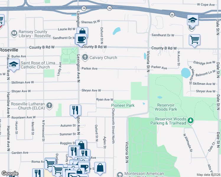 map of restaurants, bars, coffee shops, grocery stores, and more near 1004 Shryer Avenue West in Roseville