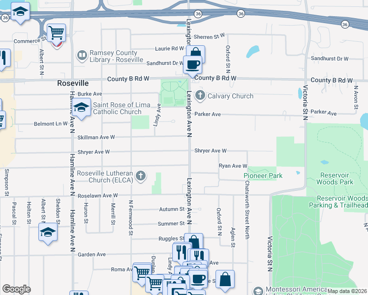 map of restaurants, bars, coffee shops, grocery stores, and more near 1995 Lexington Avenue North in Roseville
