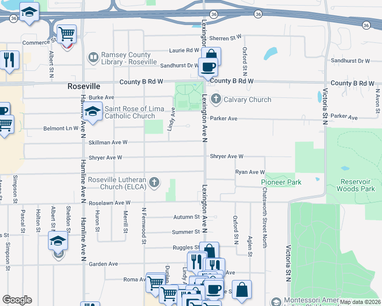 map of restaurants, bars, coffee shops, grocery stores, and more near 1995 Lexington Avenue North in Roseville