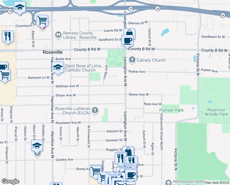 map of restaurants, bars, coffee shops, grocery stores, and more near 1152 Shryer Avenue West in Roseville
