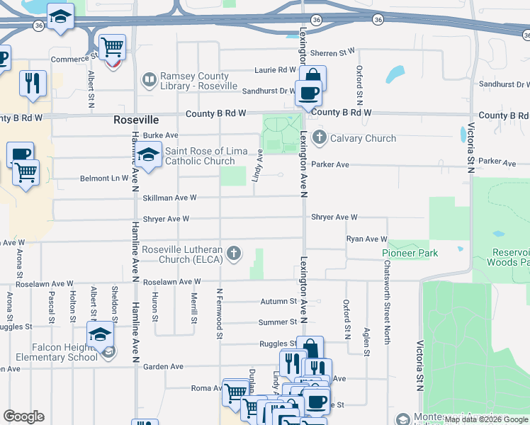 map of restaurants, bars, coffee shops, grocery stores, and more near 1152 Shryer Avenue West in Roseville