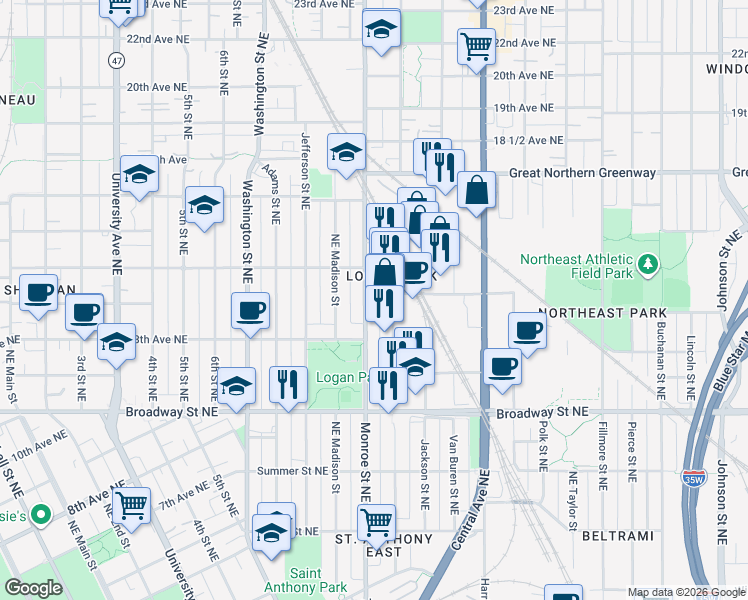map of restaurants, bars, coffee shops, grocery stores, and more near 1317 Monroe Street Northeast in Minneapolis