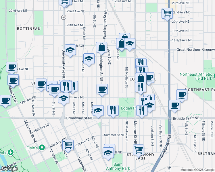 map of restaurants, bars, coffee shops, grocery stores, and more near 1316 Adams Street Northeast in Minneapolis