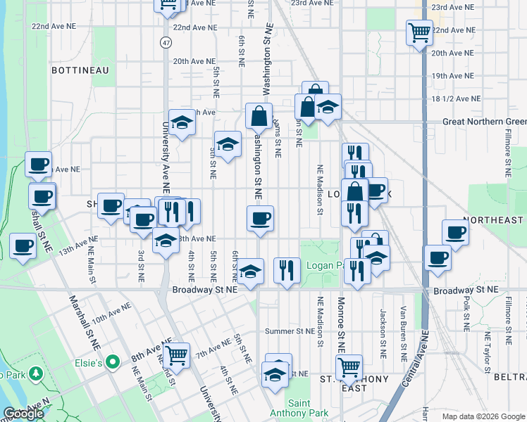 map of restaurants, bars, coffee shops, grocery stores, and more near 1316 Adams Street Northeast in Minneapolis