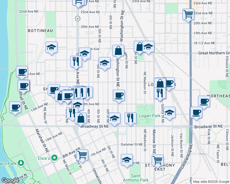 map of restaurants, bars, coffee shops, grocery stores, and more near 1318 Washington Street Northeast in Minneapolis