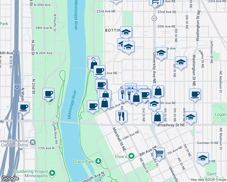 map of restaurants, bars, coffee shops, grocery stores, and more near 1321 Grand Street Northeast in Minneapolis