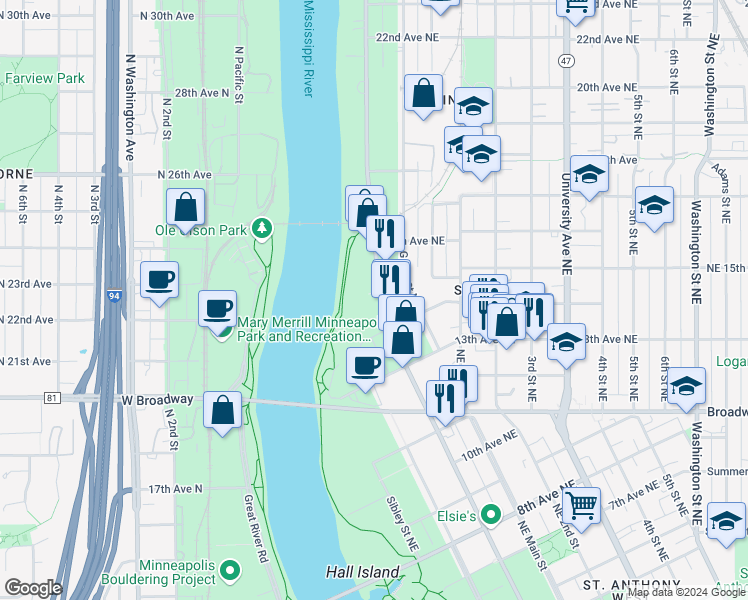 map of restaurants, bars, coffee shops, grocery stores, and more near 1400 Marshall Street Northeast in Minneapolis