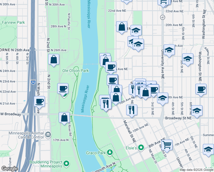 map of restaurants, bars, coffee shops, grocery stores, and more near 1400 Marshall Street Northeast in Minneapolis