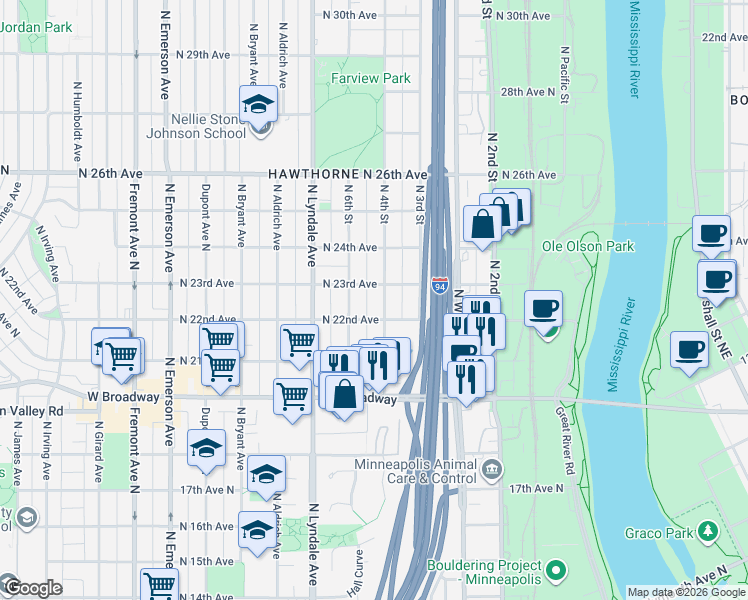 map of restaurants, bars, coffee shops, grocery stores, and more near 2201 North 4th Street in Minneapolis