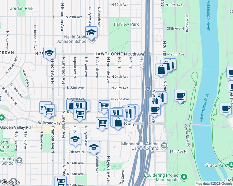 map of restaurants, bars, coffee shops, grocery stores, and more near 2138 North 6th Street in Minneapolis