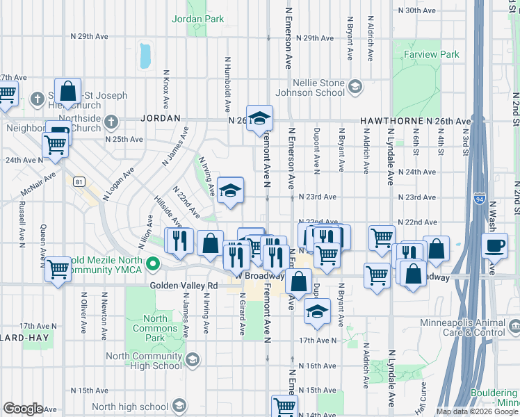 map of restaurants, bars, coffee shops, grocery stores, and more near 2136 North Fremont Avenue in Minneapolis