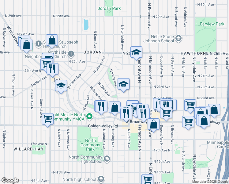 map of restaurants, bars, coffee shops, grocery stores, and more near 2134 North Irving Avenue in Minneapolis