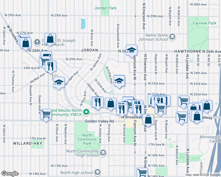 map of restaurants, bars, coffee shops, grocery stores, and more near 2134 North Irving Avenue in Minneapolis
