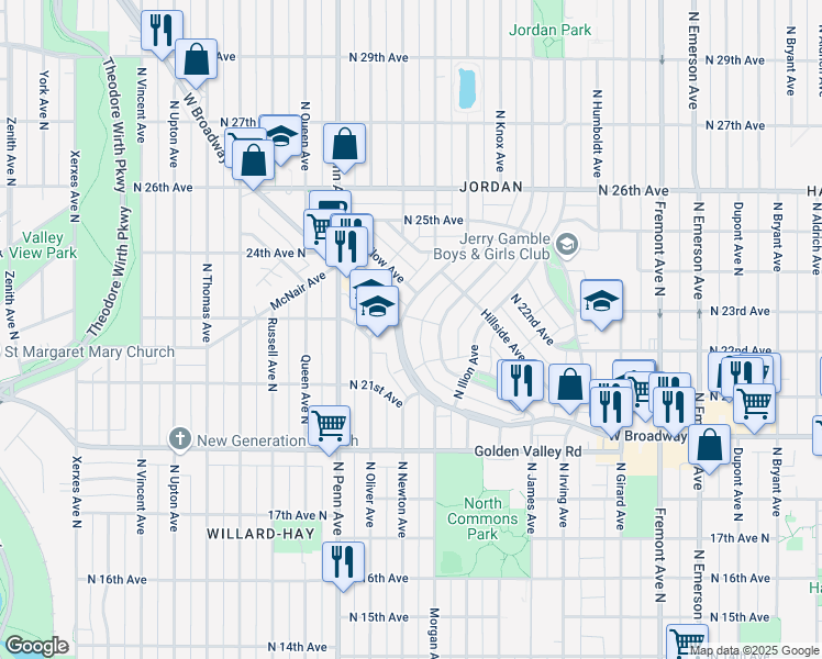 map of restaurants, bars, coffee shops, grocery stores, and more near 2011 West Broadway Avenue in Minneapolis