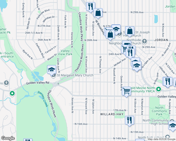 map of restaurants, bars, coffee shops, grocery stores, and more near 2127 North Upton Avenue in Minneapolis