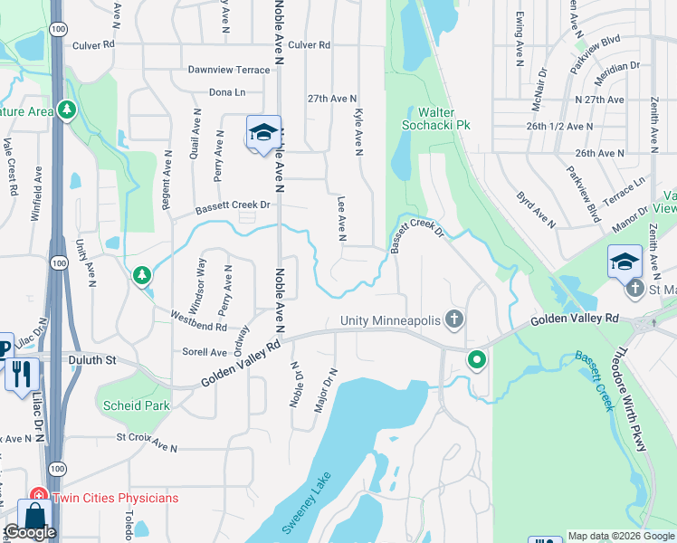 map of restaurants, bars, coffee shops, grocery stores, and more near 2201 Lee Avenue North in Minneapolis
