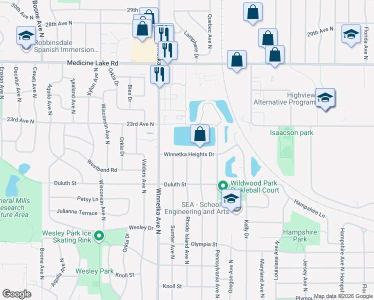 map of restaurants, bars, coffee shops, grocery stores, and more near 2040 Rhode Island Avenue North in Minneapolis