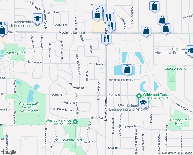 map of restaurants, bars, coffee shops, grocery stores, and more near 8071 Winnetka Heights Drive in Minneapolis