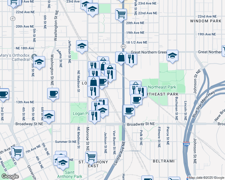 map of restaurants, bars, coffee shops, grocery stores, and more near 900 14th Avenue Northeast in Minneapolis