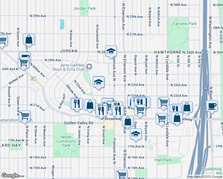 map of restaurants, bars, coffee shops, grocery stores, and more near 2136 North Fremont Avenue in Minneapolis
