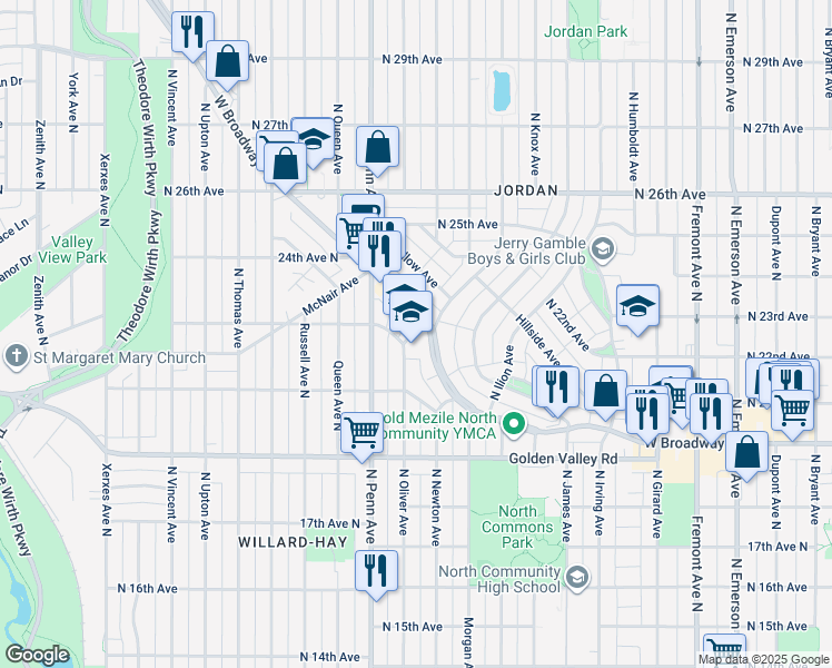 map of restaurants, bars, coffee shops, grocery stores, and more near 2210 North Oliver Avenue in Minneapolis