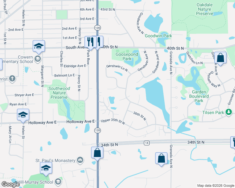 map of restaurants, bars, coffee shops, grocery stores, and more near 3652 Gershwin Circle North in Oakdale