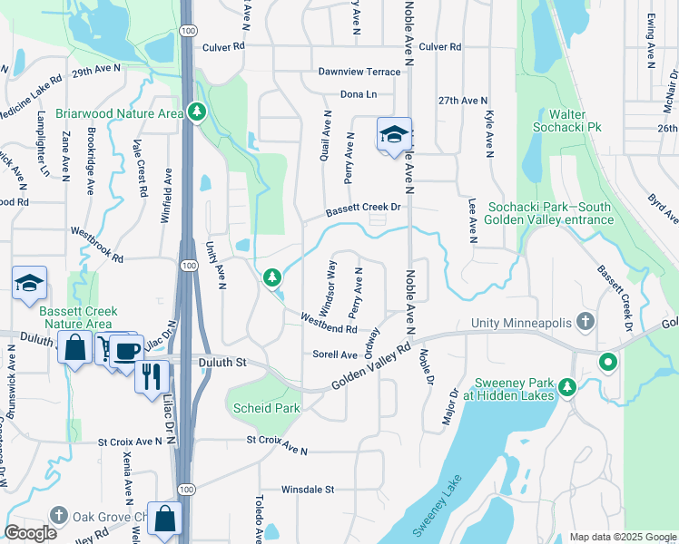 map of restaurants, bars, coffee shops, grocery stores, and more near 2144 Windsor Way in Minneapolis