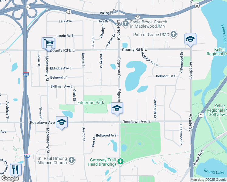 map of restaurants, bars, coffee shops, grocery stores, and more near 2001 Edgerton Street in Maplewood