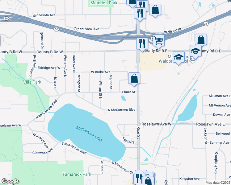 map of restaurants, bars, coffee shops, grocery stores, and more near 211 North McCarrons Boulevard in Roseville