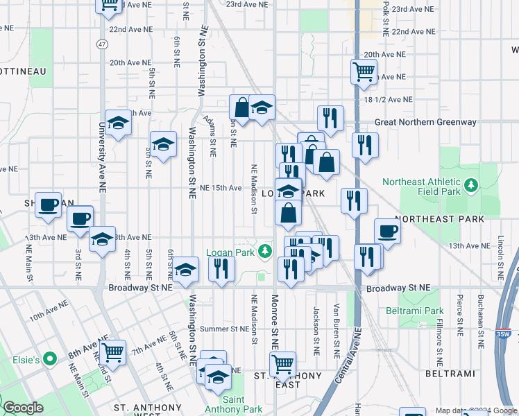 map of restaurants, bars, coffee shops, grocery stores, and more near 685 13th Avenue Northeast in Minneapolis