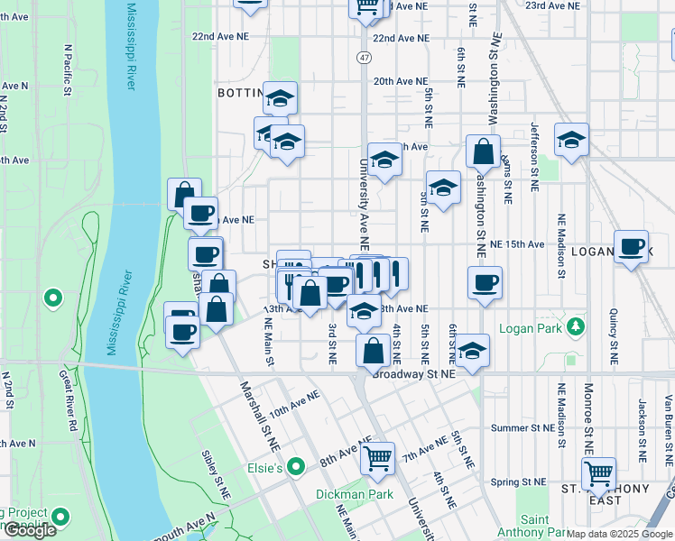 map of restaurants, bars, coffee shops, grocery stores, and more near 1317 3rd Street Northeast in Minneapolis