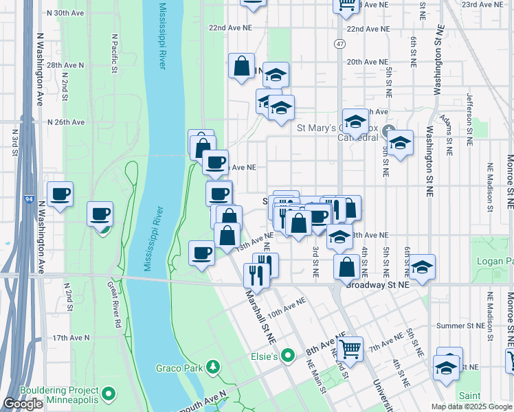 map of restaurants, bars, coffee shops, grocery stores, and more near 1321 Grand Street Northeast in Minneapolis