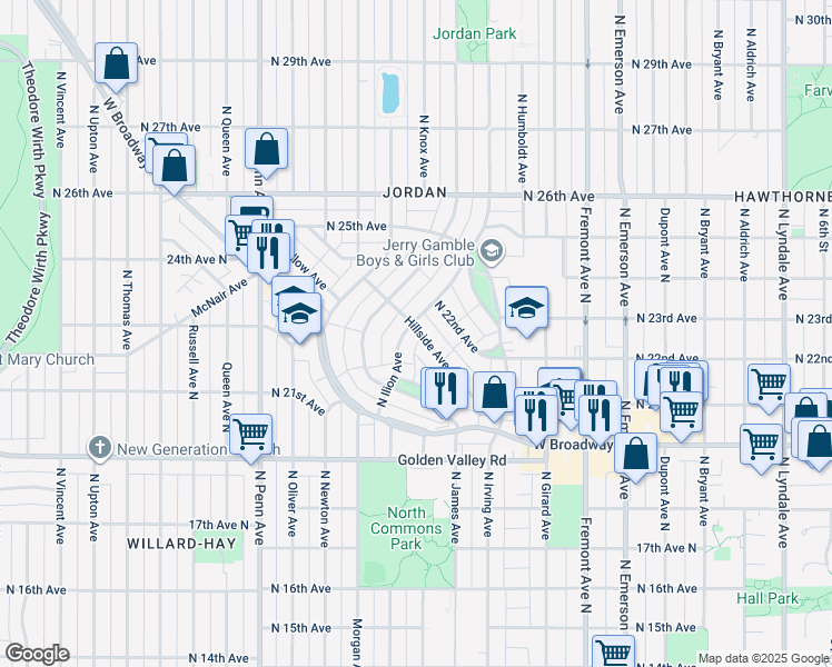 map of restaurants, bars, coffee shops, grocery stores, and more near 1607 Hillside Avenue North in Minneapolis