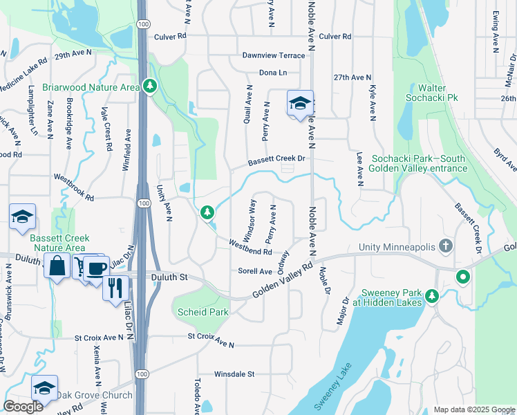 map of restaurants, bars, coffee shops, grocery stores, and more near 2144 Windsor Way in Minneapolis