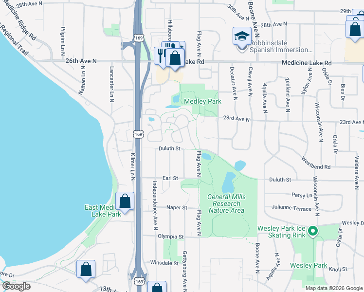 map of restaurants, bars, coffee shops, grocery stores, and more near 2004 Hillsboro Avenue North in Minneapolis