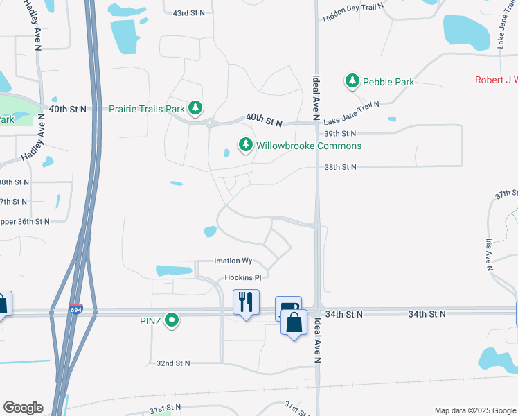 map of restaurants, bars, coffee shops, grocery stores, and more near 7700 36th Street North in Oakdale