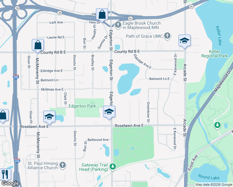map of restaurants, bars, coffee shops, grocery stores, and more near 2044 Edgerton Street in Saint Paul