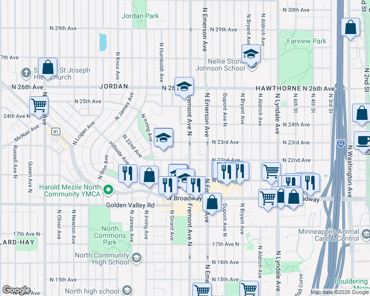 map of restaurants, bars, coffee shops, grocery stores, and more near 2310 North Fremont Avenue in Minneapolis