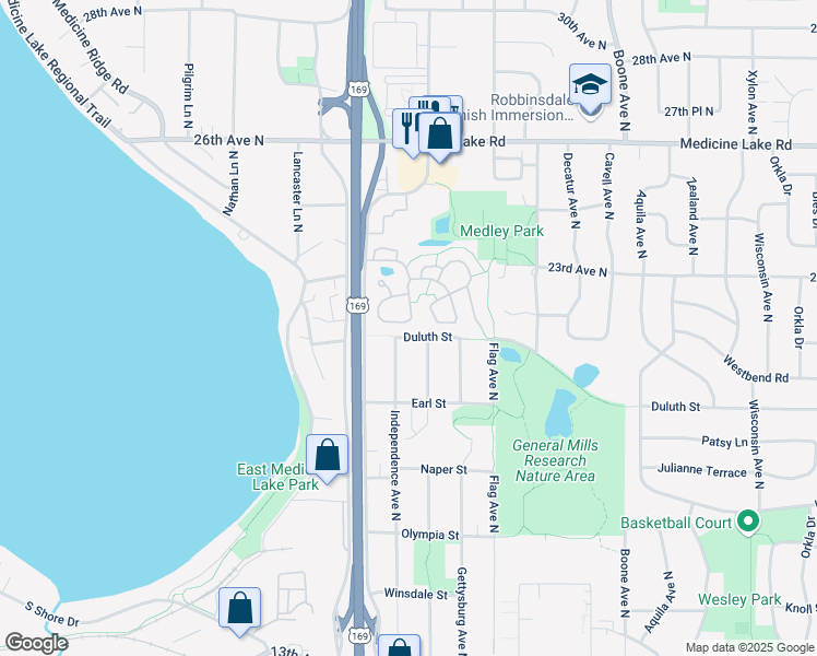 map of restaurants, bars, coffee shops, grocery stores, and more near 2140 Tamarin Trail in Minneapolis