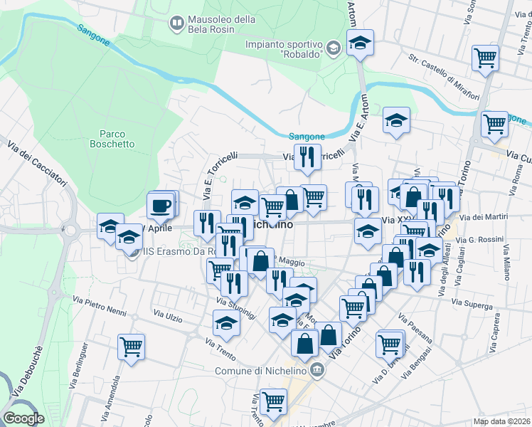 map of restaurants, bars, coffee shops, grocery stores, and more near 3 Via Fratelli Cervi in Nichelino