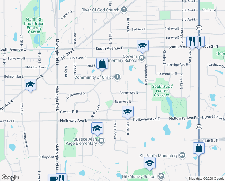 map of restaurants, bars, coffee shops, grocery stores, and more near 2046 1st Street North in North Saint Paul