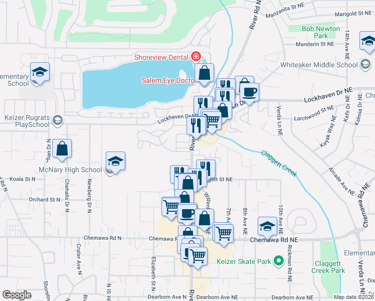 map of restaurants, bars, coffee shops, grocery stores, and more near 5355 River Road North in Keizer